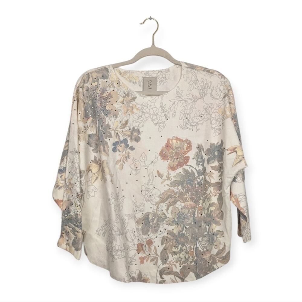 Sioni Beaded Blouse PL Neutral Multicolor Floral Embellished 3/4 Sleeve Dressy